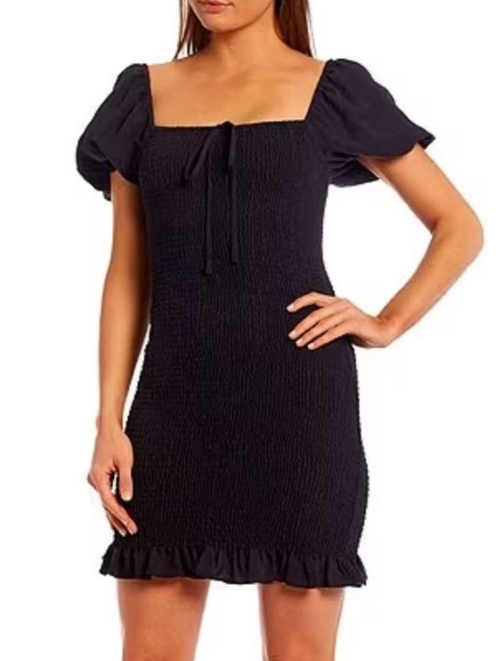 NWOT Gianni Bini Alli Square-Neck Ruffle-Hem Puff-Sleeve Smocked Mini Dress Navy